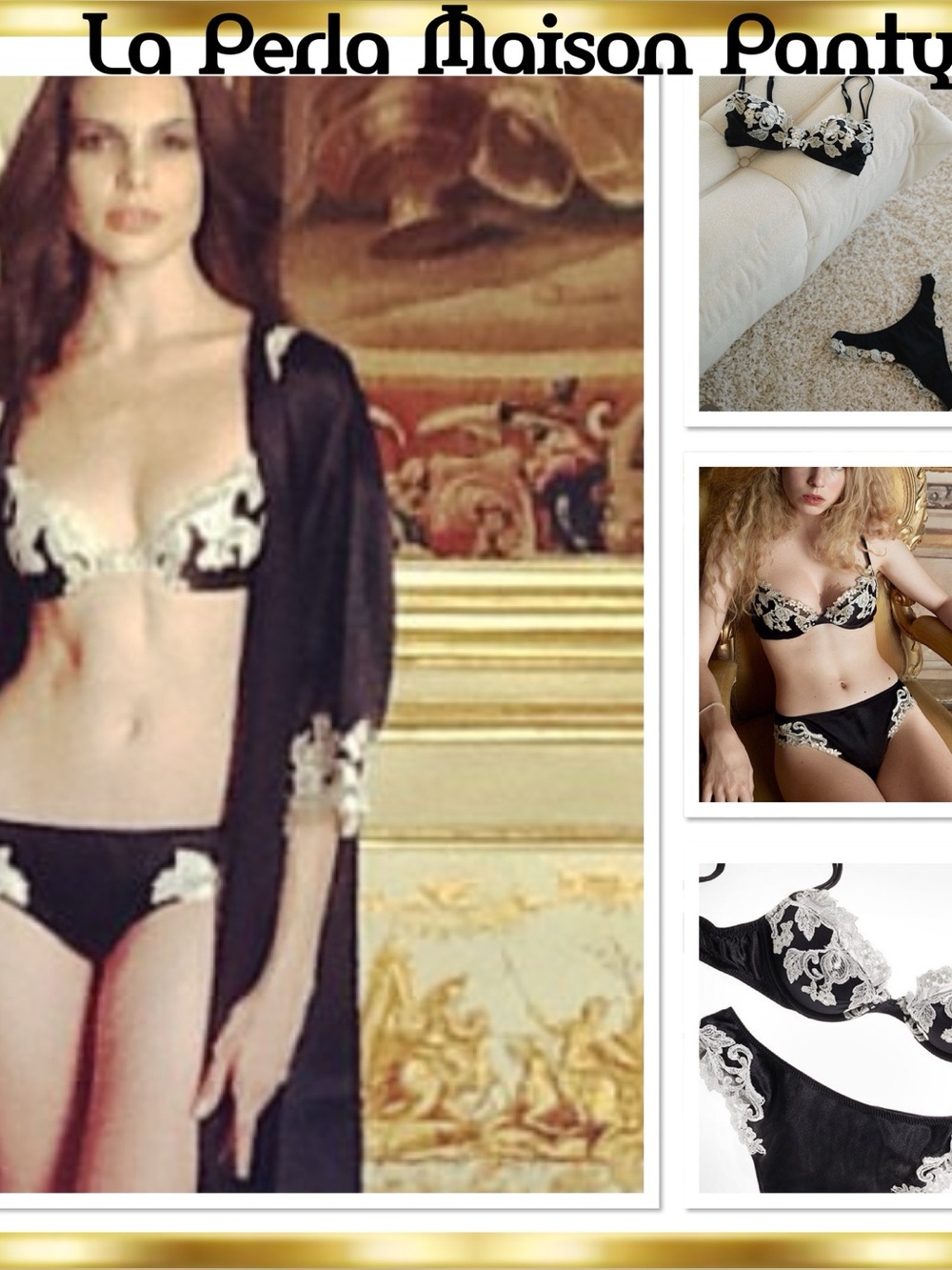 La Perla Maison Silk Frastaglio Embroidery Brazillion Thong Black/Ivory sz 3